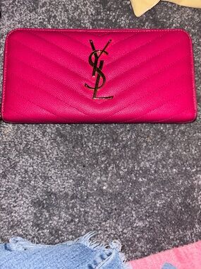 Saint Laurent Fuchsia Quilted Zip Wallet with Gold Logo